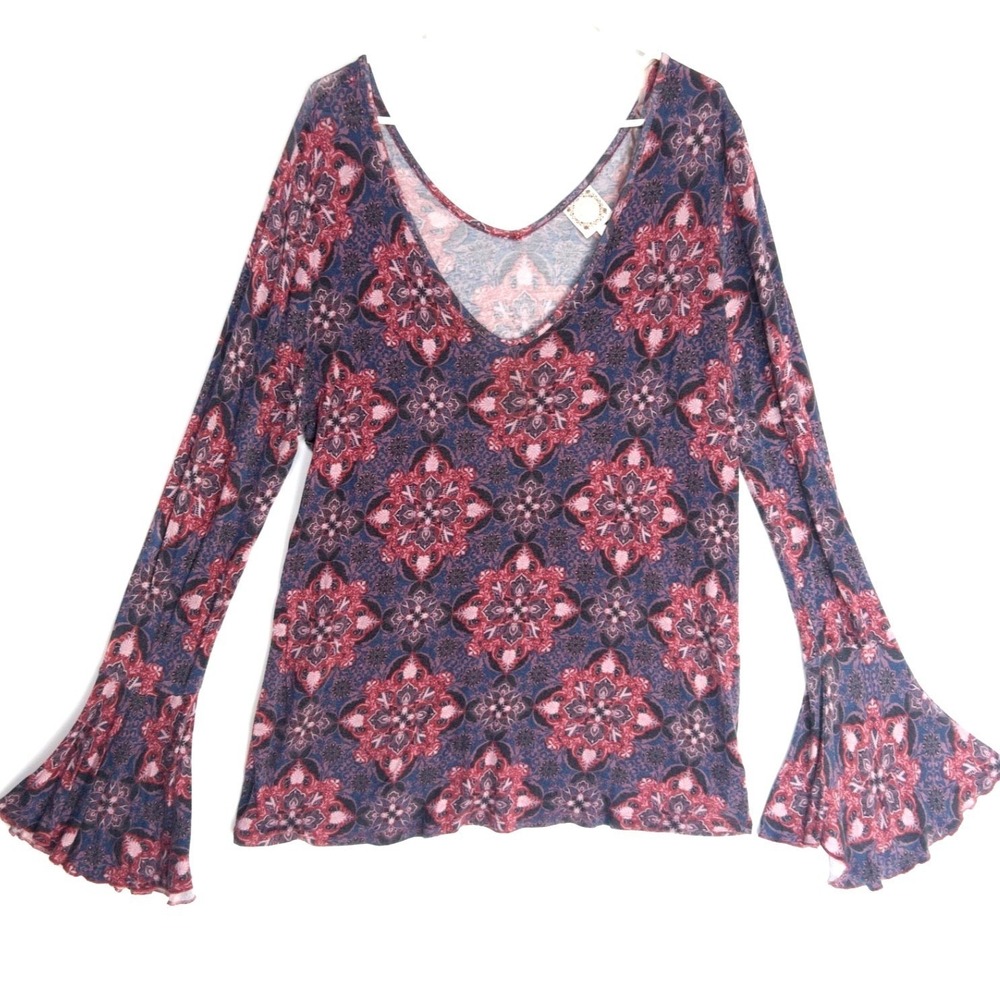 Truself Gem Tones Plunge Medallion Boho Fairygrunge Bell Sleeve Y2k Top Womens M